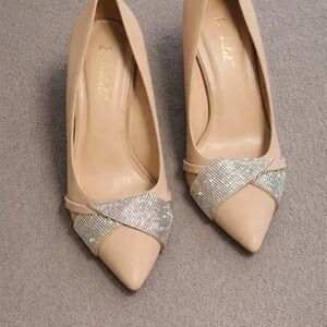 Bonnibel Nude Pointed Toe Pumps with Rhinestone Crisscross